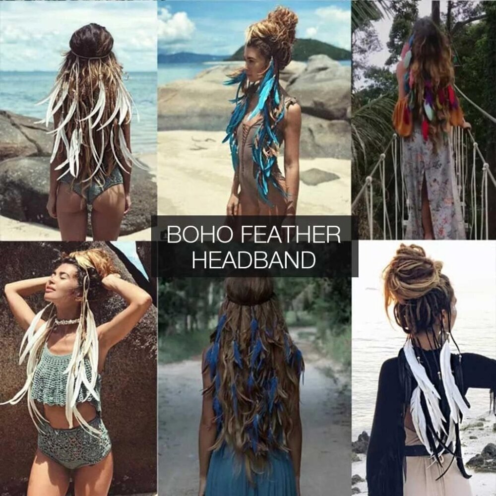Boho Feather Headband Women Gypsy Headpiece Adjustable Hair Accessories - Picture 7 of 7